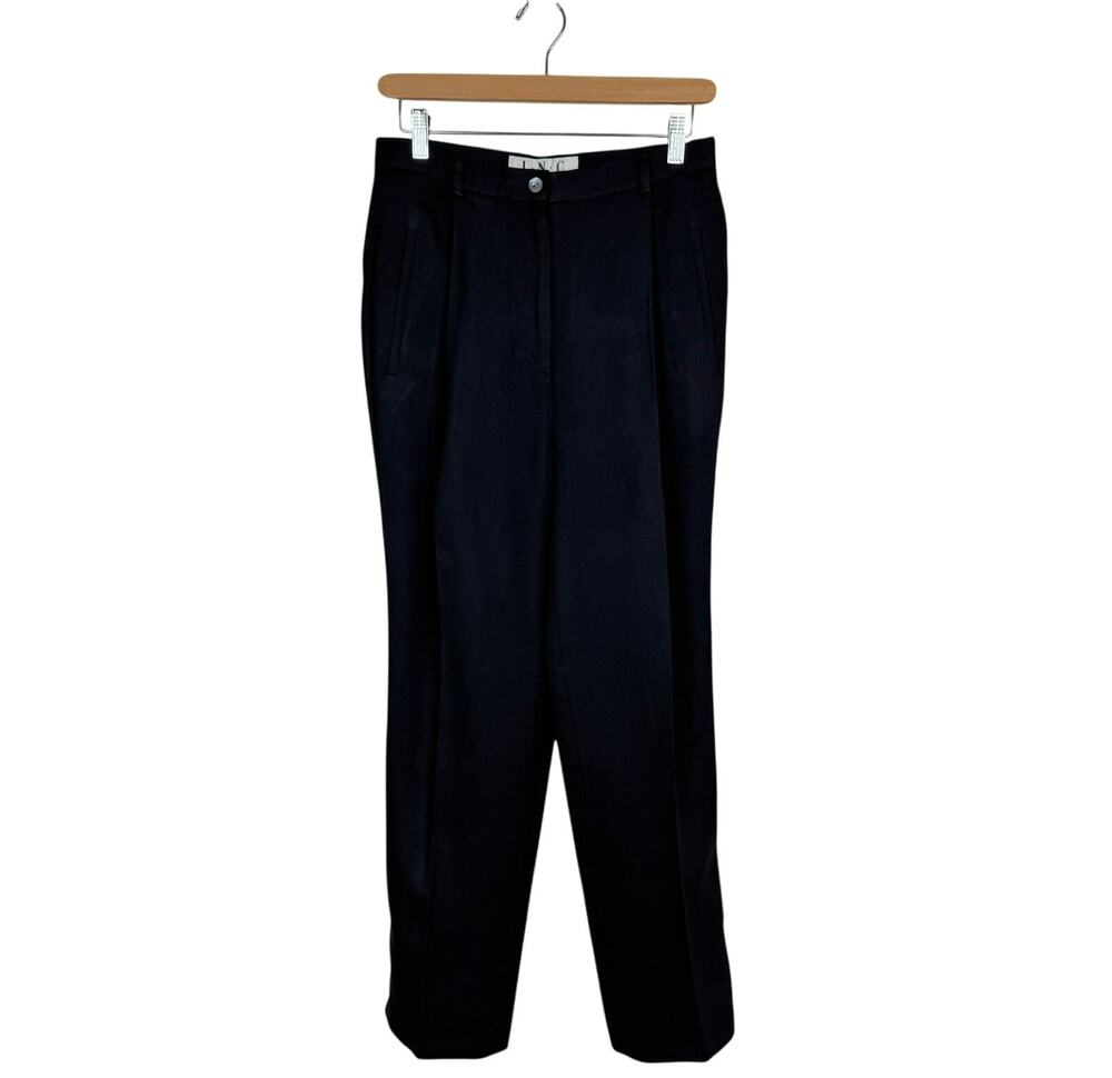 Vintage INC Silk Wool Pleated Trousers Navy Blue Size 8 Cropped Straight Leg 90s